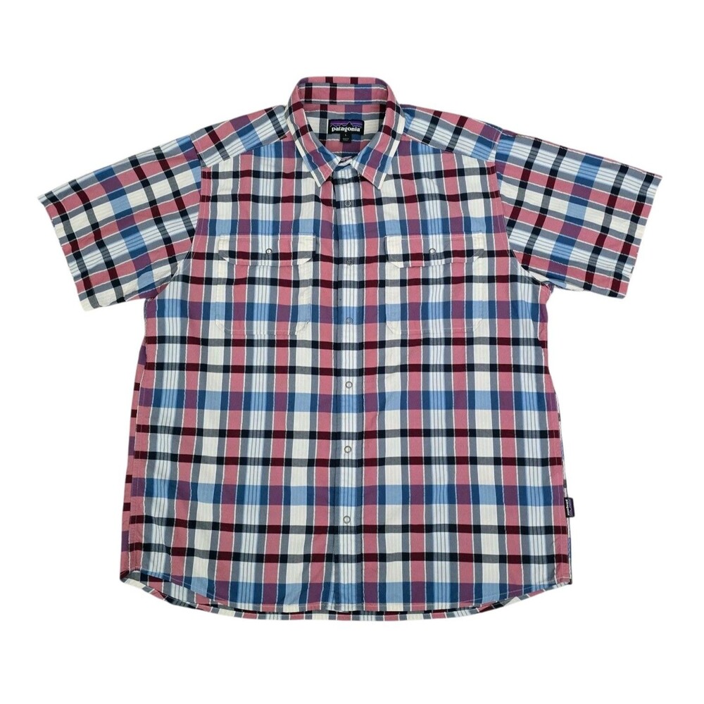 Patagonia Vintage Western Snap Shirt Mens Large Plaid Short Sleeve Blue Red Pink
